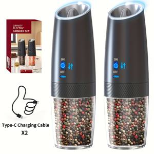 TEMU 1개/2개 선택 가능, USB 충전식 전동 스파이스 그라인더, LED 라이트, 자동 분쇄기 - 블랙/화이트 페퍼, 로즈마리 소금용 대용량 재충전 배터리 포함 - 스테이크 필수 조미료 도구