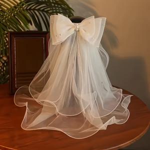 TEMU 우아한 더블 보우 웨딩 베일 - 쉬어 레이스 신부 가발, 결혼식 파티, 프로모션, 정장 행사용 로맨틱 액세서리, 부드러운 천연 빛 원단, 클래식 디자인, 섬세한 공예, 신부를 위한 웨딩 베일