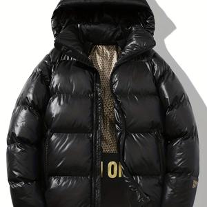TEMU 남성용 블랙 & 골든 패딩 재킷 - 따뜻한 가을/겨울 캐주얼 아우터웨어, 후드, 지퍼 클로저, 세련된 디자인, 캐주얼 겨울복 | 후드 재킷 | 폴리에스터 섬유 코트, 두꺼운