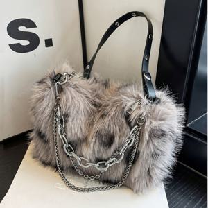 TEMU 체인 스트랩이 있는 시크한 그라데이션 플러시 숄더백 - 나일론, 지퍼 클로저, 폴리에스터 안감 - 여성용 패션 겨드랑이 가방|가방|크로스백