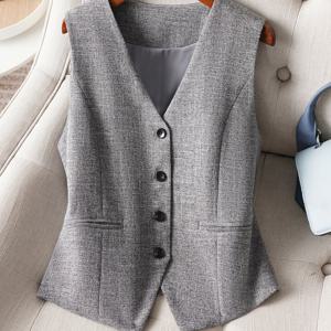 TEMU 여성을 위한 우아한 폴리에스테르 V넥 벡스트 - 단추가 있는 단색 , 플레어 헴, 그리고 포켓 - 봄/가을을 위한 비스트레치 직조 소재, 성숙한 성인 핏