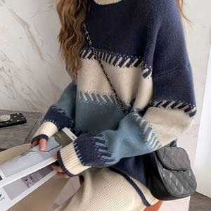 TEMU 가을 스웨터, 컬러 블록 대비 패치워크 드롭 숄더 스웨터, 긴 소매, 여성용 겨울 스웨터, 겨울 코트