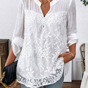 TEMU 여성용 플로랄 블라우스 - 우아한 화이트 꽃무늬 셔츠, 비대칭 밑단, 긴 소매, 여성용 오피스, 파티, 일상복 - 쉬운 관리 의류, 파티 복장, 풀오버 디자인, 가벼운 원단, 캐주얼 웨어 탑