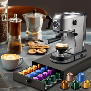 TEMU 1개 금속 커피 서랍형 커피 캡슐 보관함, 40개의 커피 캡슐 수납 가능, 대용량 커피콩 포드 보관 서랍, 방진 및 안정적인 커피 머신 베이스, 커피 바 카운터 보관함|커피