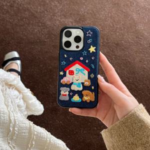 TEMU 휴대폰 케이스 - 1개 데님 자수 스타일 레드 하우스 + 3개 귀여운 강아지 별 보우 자동차 생일 케이크 블루 풀커버 휴대폰 케이스, 11/12Promax/13Pro/14Promax/15/16Pro에 적합|폰케이스|파우치|케이스