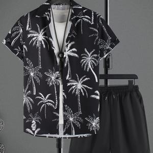 TEMU 2025 봄/여름 신상 코코넛 트리 프린트 반팔 셔츠 쇼츠 세트, 남성용 캐주얼 패션 프린트 셔츠 쇼츠 투피스 세트, 여름용 심플 캐주얼 탑 팬츠 슈트