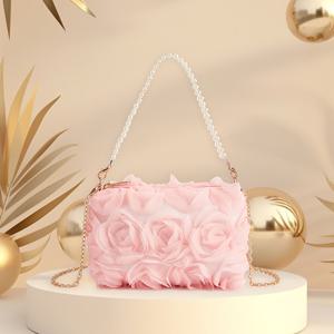 TEMU 장식된 장미가 있는 우아한 핑크색 이브닝 핸드백, 진주 손잡이 및 골든톤 체인 스트랩, 파티, 댄스, 캐주얼 외출용 가벼운 지퍼 클러치, 플로럴 핸드백 | 진주 장식