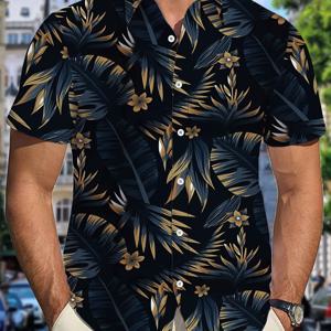 TEMU 남성용 트로피컬 프린트 반팔 셔츠 - 야자수와 꽃 디자인이 있는 스타일리시한 버튼업, 여름 외출용 캐주얼 폴리에스터 원단