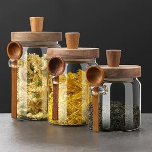 TEMU 목재 뚜껑과 숟가락이 있는 유리 보관용기 3개 세트 - 커피, 곡물, 차, 간식용 누수 방지 밀폐 실린더 용기 - 냉동고 사용 가능, 재사용 가능한 다용도 주방 정리함 및 저장 용기