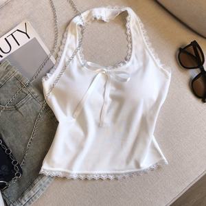 TEMU 여성용 섹시 레이스 트림 홀터넥 캐미솔 탑 내장형 가슴 패드 - 슬림핏 크롭 민소매 셔츠, 봄/여름/가을용, 레이어링 또는 아우터웨어에 적합, 세탁기 사용 가능, 캐주얼 스타일, 여성스러운 디자인, 편안한 착용감, 멋진 블라우스|나시티|여름블라우스