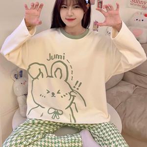 TEMU 여성용 캐주얼 카툰 토끼 프린트 파자마 세트 - 라운드넥 긴팔 상의와 탄력 허리 바지, 기계 세탁 가능, 완벽한 계절 수면복, 루즈핏 | 화려한 패턴 티셔츠 | 폴리에스터 혼방 소재, 여성 홈웨어 세트|잠옷