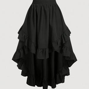 TEMU 여성용 하이웨이스트 러플 헴 스커트 - 캐주얼 블랙 폴리에스테르, 프론트 타이, 플로우디 디자인, 올시즌 착용, 플로우디 스커트 | 러플 헴 스커트 | 스타일리시 캐주얼웨어