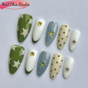 TEMU 10개입 네일 플러스 스튜디오 봄/여름 신상 순수 수제 착용 가능한 네일 핸드페인팅 그린 원더랜드 프렌치 미니어처 스타일 버전 네일 고품질 착용 가능한 네일, 스프링 네일,여름 네일,프렌치 매니큐어,트렌디 네일,상세 설계,고품질 못,스타일리시 네일, 손톱,뷰티 애호가들,살롱 전문가