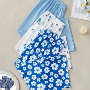 TEMU 3pcs 꽃무늬 7인치 수면 팬츠 - 라이트 블루 & 화이트, 성인용 캐주얼 홈 수면복, 봄/여름/가을에 완벽, 편안한 핏 파자마 | 꽃무늬 파자마 | 부드러운 원단 팬츠, 수면복 필수품