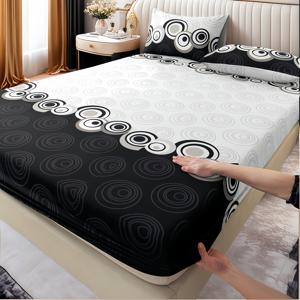 TEMU 3피스 패션 블랙 앤 화이트 원형 피트드 시트 세트 / 베개커버 2개 / 피트드 시트 1개 / 트윈 침대 / 풀 침대 / 퀸 침대 / 킹 침대 - 소프트 베이지 라이트 베이지 / / 쉬운 관리 - 매트리스 배치가 쉬운 꼭 맞는 핏 / 사계절 장식용