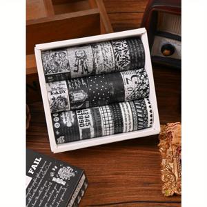 TEMU 20롤 빈티지 블랙 앤 화이트 기하학적 요소 와시 테이프 스티커 - DIY 스크랩북, 카드, 사진, 물병 장식, 봉투 선물 포장용