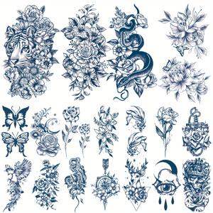 TEMU 18개 반영구 타투 세트 - 꽃, 호랑이, 뱀의 4가지 대형 디자인과 나비, 사슴, 꽃이 있는 14개 방수 타투 포함 (내구성: 1-2주)