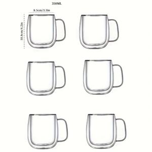 TEMU 6개 세트, 고급 보로실리케이트 내열 투명 유리컵 손잡이 포함, 다양한 사이즈, 대용량 350ml 커피 주스 음료 이중벽 물잔, 우유 차가운 음료용 라운드 마우스 마크 이중층 유리컵