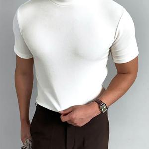 TEMU 남성용 슬림핏 하이넥 반팔 티셔츠 - 기하학 패턴, 중간 스트레치, 사계절 캐주얼 및 운동복, 피트니스, 러닝, 트레이닝, 체육관 셔츠, 모던 애슬레틱 | 신축성 있는 원단