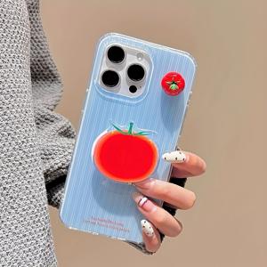 TEMU 아이폰 11 12 13 프로 맥스용 대형 구멍 투명 IND 심플 블루 입체 토마토 홀더 휴대폰 케이스