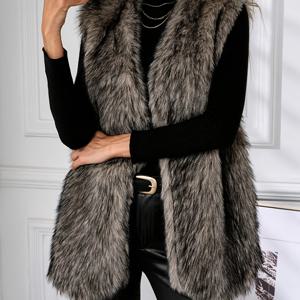 TEMU 플러스 사이즈 - 플러스 사이즈 여성용 우아한 인조 모피 조끼 - 긴소매, 칼라리스, 가을/겨울 레이어링에 적합, 가을 겨울 의류 | 우아한 민소매 조끼 | 신축성 있는 원단 조끼