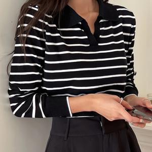 TEMU 여성의 세련된 검은색과 흰색 줄무늬 칼라 탑 - 가벼운 긴팔 셔츠, 컬러 블록 디자인, 봄, 여름, 가을에 완벽, 일본과 한국 스타일의 캐주얼 오피스 웨어, 편안한 핏, 캐주얼 오피스 웨어 | 컬러 블록 탑 | 건설, 여성용 티셔츠