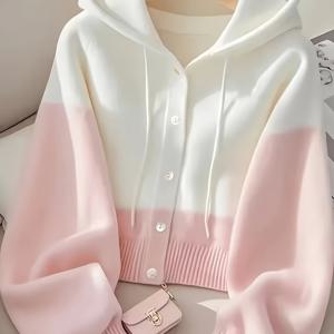 TEMU 여름/가을용 여성용 부드럽고 포근한 컬러 블록 후드 스웨트셔츠 재킷, 한국 스타일의 게으른 스타일과 루즈핏 가디건이 특징입니다.