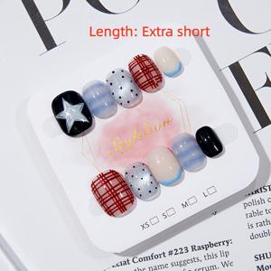 TEMU 프렌치 스타일 프린지 인조 손톱 10개 | 핸드 페인팅 그라데이션 별 틴트 레드 체크 블루 캣츠 아이, 스위트하고 쿨한 점핑 컬러 Y2 스타일, 짧은 사각형 모양, 광택 마감, 여성에게 적합|네일|네일아트|네일팁