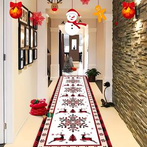 TEMU 1개 초대형 레드 & 화이트 눈꽃 겨울 러너 매트 - 복도, 거실, 침실, 현관용 대형 직사각형 매트 - 빨강/흰색/검정/회색 눈꽃 패턴의 세탁 가능한 바닥 매트 - 크리스마스 및 사계절용 실내/외부 장식 매트 - 내구성 있는 기계 제작, 플러시 텍스처, 축제적인 눈꽃 & 순록 모티프, 긴 복도와 입구에 이상적