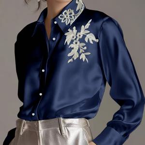 TEMU 세탁기 사용 가능, 비침 없는 긴 네이비 블루 버튼업 탑. 오피스 및 파티 행사 모두에 적합하며, 비즈니스 캐주얼 스타일, 클래식 칼라, 정교한 스티칭 디자인으로 전문가 및 이브닝 이벤트에 완벽합니다.