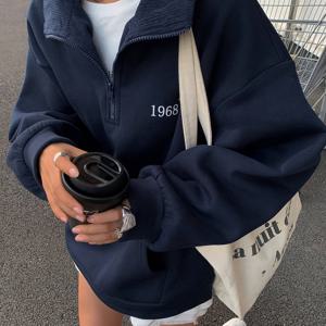 TEMU 여성용 캐주얼 루즈핏 하프-지퍼 스웨트셔츠 - 그린 플리스 안감 풀오버, 대조 라펠 칼라와 앞 포켓, 사계절 착용 가능한 편안한 핏 탑 | 레저 스타일, 긴 소매 크루 넥, 여성용 가을 겨울 트렌디한 플리스 호박 스웨터, 작은 독 스웨트셔츠, 따뜻한 재질, 여름 의류