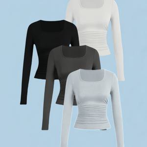 TEMU 4pcs 여성 캐주얼 스퀘어넥 긴팔 탑 - 높은 탄성 단색 셔츠, 모든 계절에 적합, 세탁기 사용 가능 (화이트/블랙/그레이/스틸 그레이), 라운드넥 디자인, 탄성 원단, 허리 밴드 셔링 디자인, 허리 감기