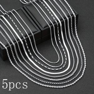 TEMU 티타늄 스틸 목걸이 5개 세트 - 스타일리시 체인, 남녀공용 베이직 DIY 체인, 길이 60cm, 일상복,세련된 디자인,스트리트웨어 액세서리,내구성 있는 목걸이,고품질 금속,레이어드 체인,패션 애호가|남자목걸이