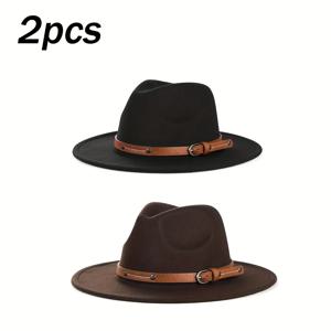 TEMU 조절 가능한 스트랩과 금속 버클이 있는 빈티지 페도라 모자 2개 세트 - 베이지 & 블랙, 와이드 브림, 소프트 펠트, 캐주얼 및 정장용, 스타일리시 레트로 디자인, 클래식 헤드웨어, 내구성 있는 머리장식