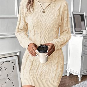 TEMU 겨울용 따뜻한 리브드 드레스 - 섹시한 하이넥 A라인 드레스, 바디스 & 플레어드, 미디엄 길이, 가을/겨울용, 패딩 없음/쉬운 레이어링, 파티/사무실/행사용 우아한 디자인 ()