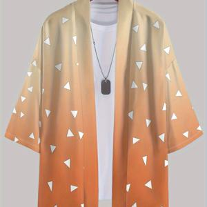 TEMU 남성 캐주얼 일본 기모노 셔츠 - 오렌지 & 기하학 프린트의 가벼운 여름 기모노, 반팔, 버튼업 앞면, 캐주얼 복장용 레귤러 핏, 기모노 스타일, 편안한 의류, 튼튼한 원단