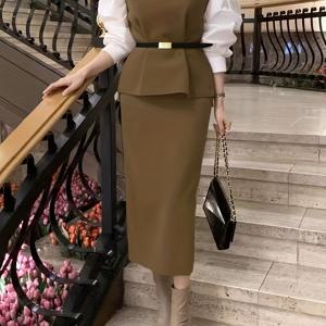 TEMU 가을 겨울 신상 코리안 스타일 베스트 탑 & 스커트 2피스 고급 우아한 정장 드레스 
