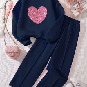 TEMU 2pcs 세트 귀여운 스위트 걸즈 단색 플러시 하트 크루넥 스웨트셔츠 & 트라우저 | 캐주얼 루즈핏, 긴소매, 여름/겨울 패션 의류, 8-12세 여아용, 엄마를 위한, 야외용|셔츠|바지