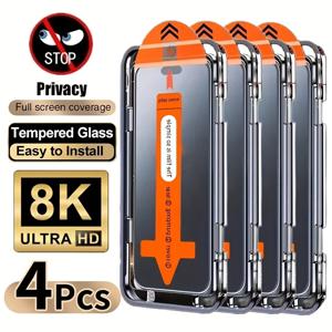 TEMU 아이폰 17 프로 맥스/17 에어/16 프로 맥스/15 프로/17/16/15/14/13/12/11/16e/플러스/미니/X/XR/XS 맥스/7/8/SE2/SE3용 4pcs 풀커버 프라이버시 강화유리 보호필름, 9H+ 경도, 울트라 HD, 스크래치 방지, 지문 방지, 쉬운 설치, 도청 방지