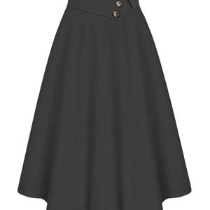 TEMU 방향성 봄/가을 캐주얼 다용도 여성용 A라인 하이웨이스트 플레어 스커트, 단색 블랙, 버튼 장식 및 탄성 허리 밴드.