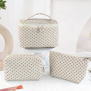 TEMU 3pcs 럭셔리 느낌 메이크업 파우치 세트 - 베이지 & 블랙 도트 프린트 소프트 터치 오거나이저, 대용량 여행용 지퍼 파우치 (라운드/스퀘어/오벌) 립스틱, 브러쉬용 - 선물로 추천