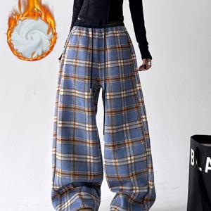 TEMU 여성 겨울 기모 안감 두꺼운 빈티지 체크 프린트 와이드 레그 팬츠 - 캐주얼 레그 트라우저, 컬러 블록 허리 밴드, 세탁기 사용 가능, 겨울 바지, 시즌 패션, 레트로 패션, 튼튼한 원단, 따뜻한 소재, 패션 하의