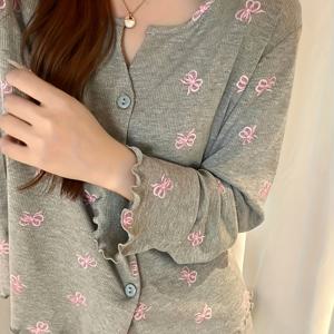 TEMU 여성용 한국 스타일 스위트 보우 프린트 파자마 세트, 봄/가을 라운드 넥 긴팔 가디건과 바지|잠옷|냉장고바지|가디건