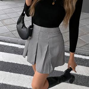 TEMU 여성용 우아한 A라인 미니 스커트, 블랙 & 화이트 체크 플리츠 밑단 - 구조적인 A라인 실루엣, 지퍼 클로저, 올 시즌 활용 가능한 캐주얼부터 포멀 의상, 패션 애호가, 스타일리시한 하의, 고품질 스티칭, 클래식 칼라 디자인