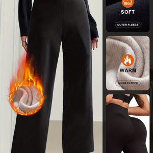 TEMU 1개 여성용 겨울 기모 안감 레그 와이드 레그 팬츠 - 하이웨이스트 솔리드 트라우저, 두꺼운 따뜻한 원단, 구조적인 핏 & 세로|파자마