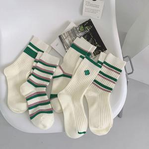 TEMU 여성 럭키 클로버 골지 중목양말 5켤레, 줄무늬삭스 데일리양말 단목양말 캐쥬얼양말 학생양말 컬러양말 골지양말 사계절양말