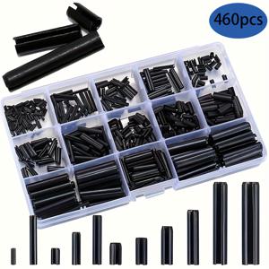 TEMU 460개 망간강 검정색 유연한 원통형 핀 코터 핀 롤러 핀 분류 키트 - 슬롯형 스프링 핀 - 스프링 핀 장력 롤러 핀 - M1.5 M2 M2.5 M3 M4 M5 M6 13 분할 확장 스프링 스틸 핀 분류 키트