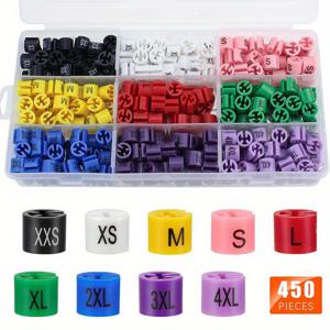 TEMU 450개 컬러 옷걸이 사이저 마커 키트 9가지 사이즈 플라스틱 옷걸이 색상 코딩 코드 사이즈 클립 및 보관 상자 (XXS - 4XL)