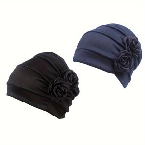 TEMU 2개 여성용 플로랄 머리스카프 모자 - 탄력 있는 통기성 수면 & 일상용 캡, 다층 꽃잎 디자인, 단색 (블랙 & 버건디), 사계절 내내 편안한 캐주얼 및 홈웨어, 잠자기용 헤어캡, 우아한 헤드웨어, 내구성 있는 머리띠