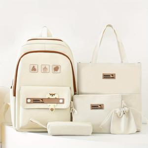 TEMU 귀여운 만화 스쿨 백팩 5개, 프레피 스타일 여행용 북백 세트와 토트백, 크로스바디 백, 연필 케이스, 그리고 드로스트링 수납 가방 1개|필통